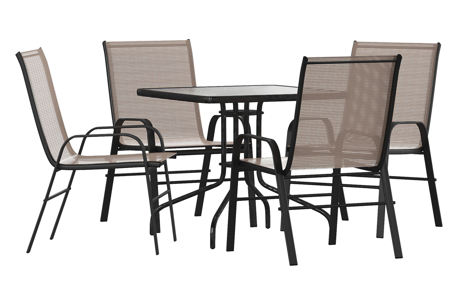 BLNK Brazos Outdoor Patio Dining Set with Square Tempered Glass Patio Table and 4 Flex Comfort Stack Chairs 5 Piece - Brown