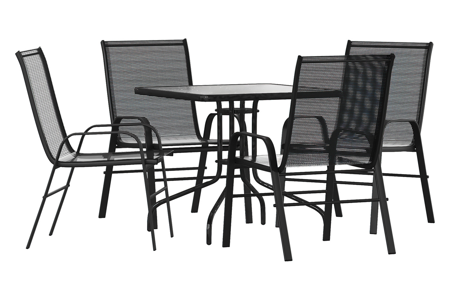 BLNK Brazos Outdoor Patio Dining Set with Square Tempered Glass Patio Table and 4 Flex Comfort Stack Chairs 5 Piece