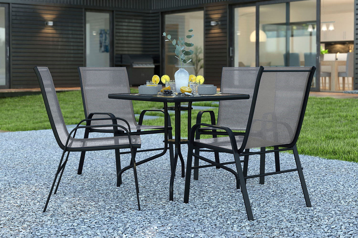 BLNK Brazos Outdoor Patio Dining Set with Square Tempered Glass Patio Table and 4 Flex Comfort Stack Chairs 5 Piece