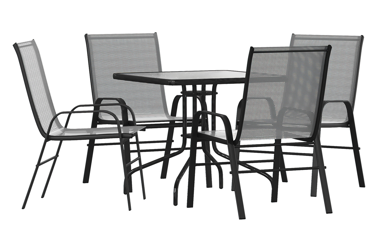 BLNK Brazos Outdoor Patio Dining Set with Square Tempered Glass Patio Table and 4 Flex Comfort Stack Chairs 5 Piece - Gray