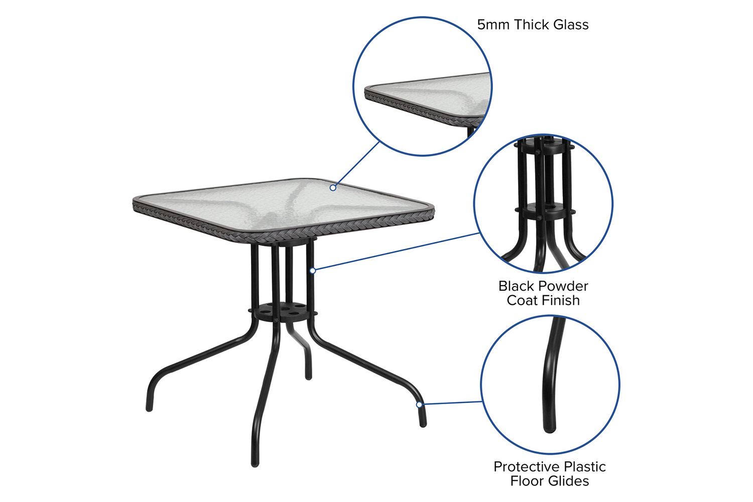 BLNK™ Square Metal Tempered Glass Table with Rattan Edging - Gray