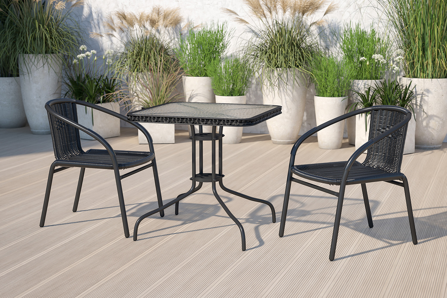 BLNK Lila Square Table with Rattan Edging and 2 Rattan Stack Chairs