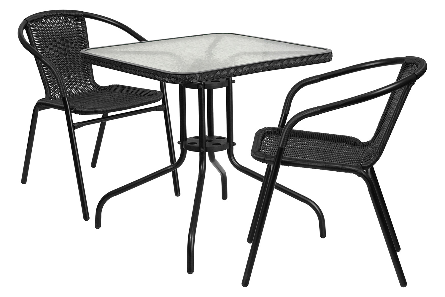 BLNK Lila Square Table with Rattan Edging and 2 Rattan Stack Chairs - Black