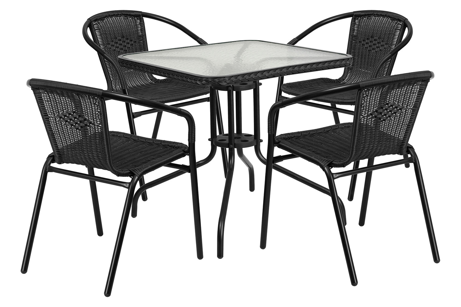 BLNK Lila Square Table with Rattan Edging and 4 Rattan Stack Chairs