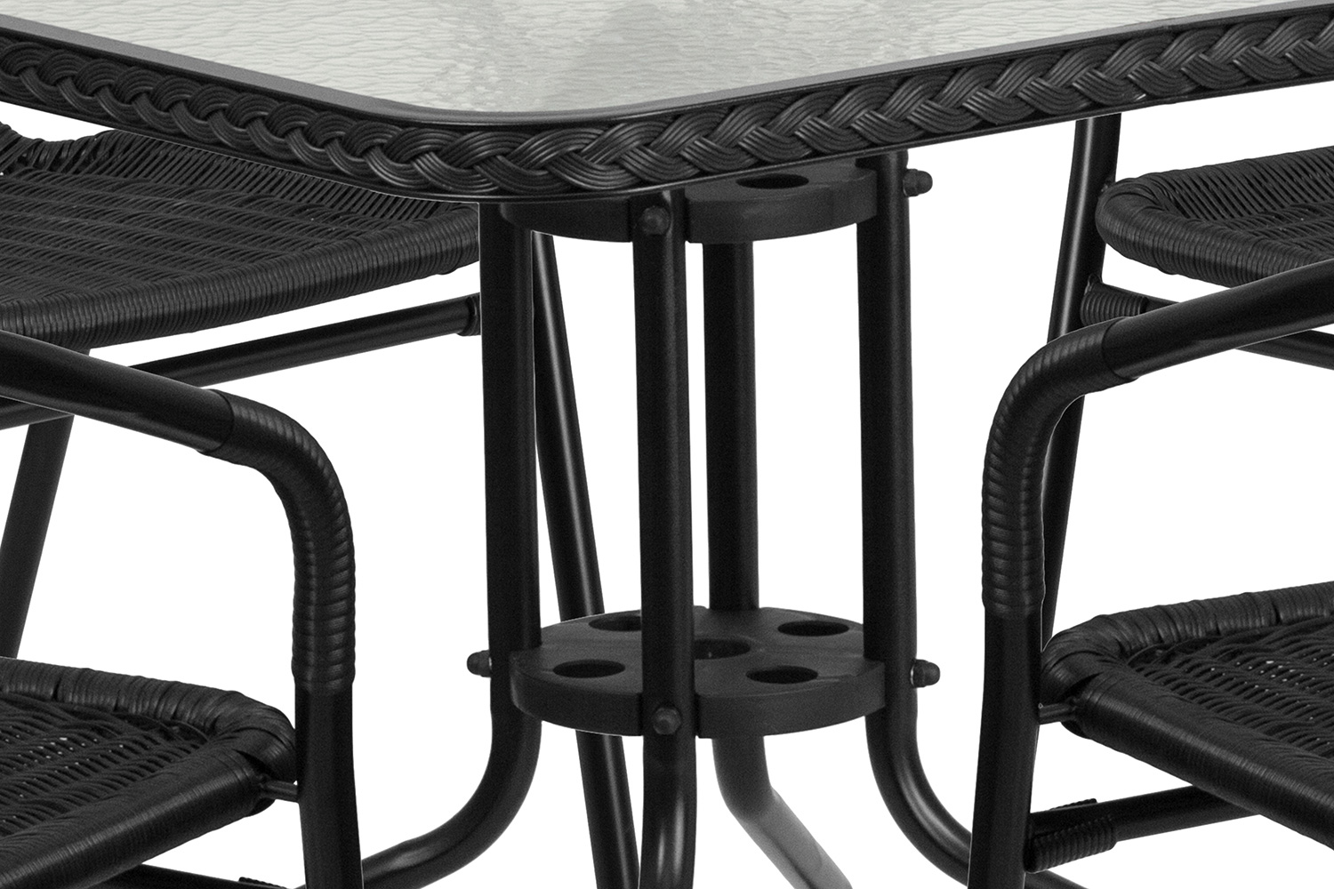 BLNK Lila Square Table with Rattan Edging and 4 Rattan Stack Chairs - Black