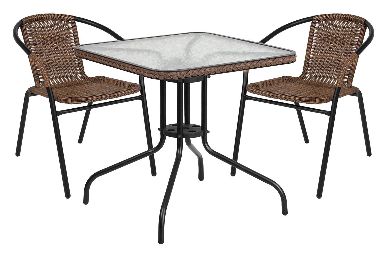 BLNK Lila Square Table with Rattan Edging and 2 Rattan Stack Chairs