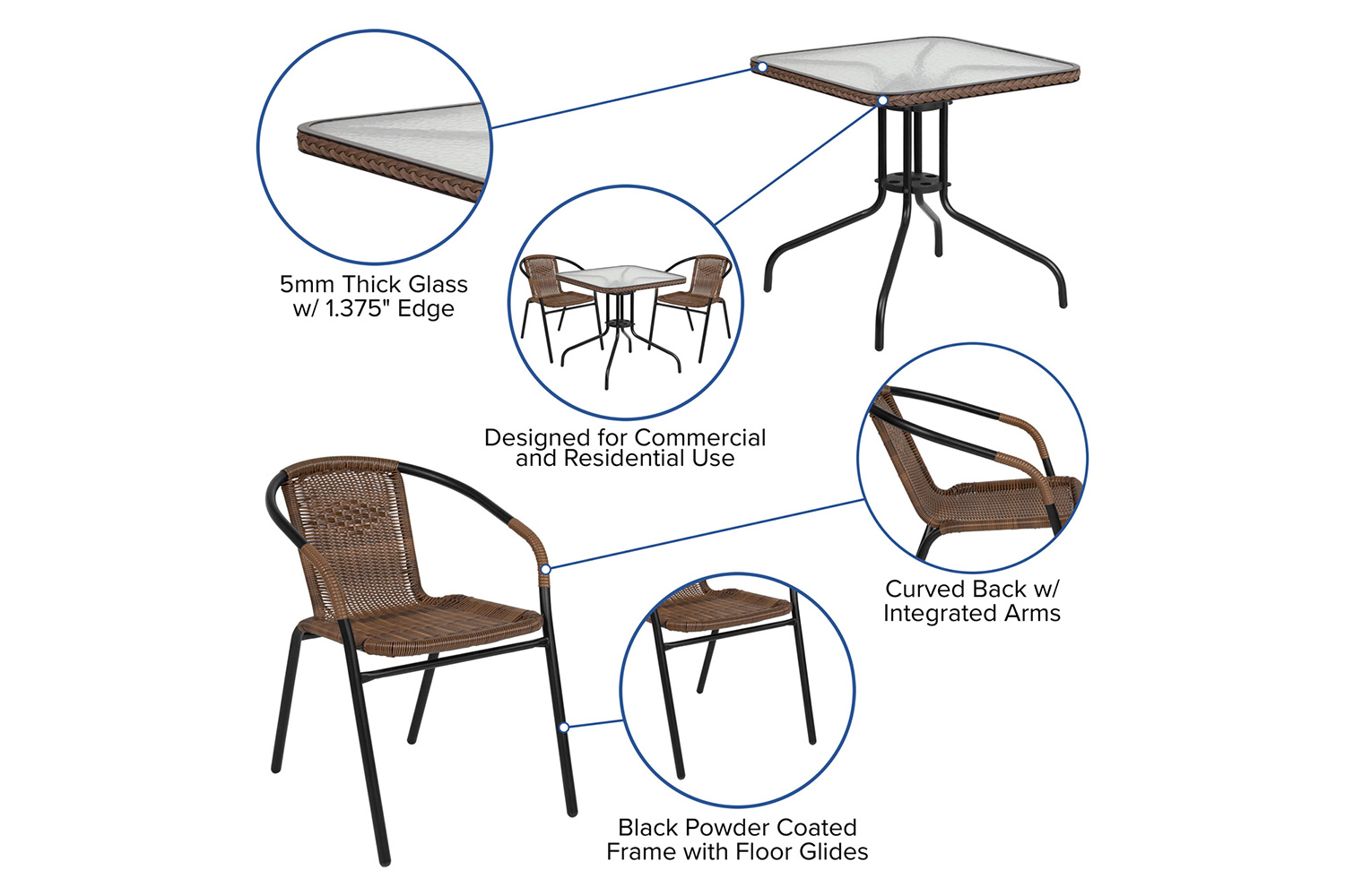 BLNK Lila Square Table with Rattan Edging and 2 Rattan Stack Chairs - Dark Brown