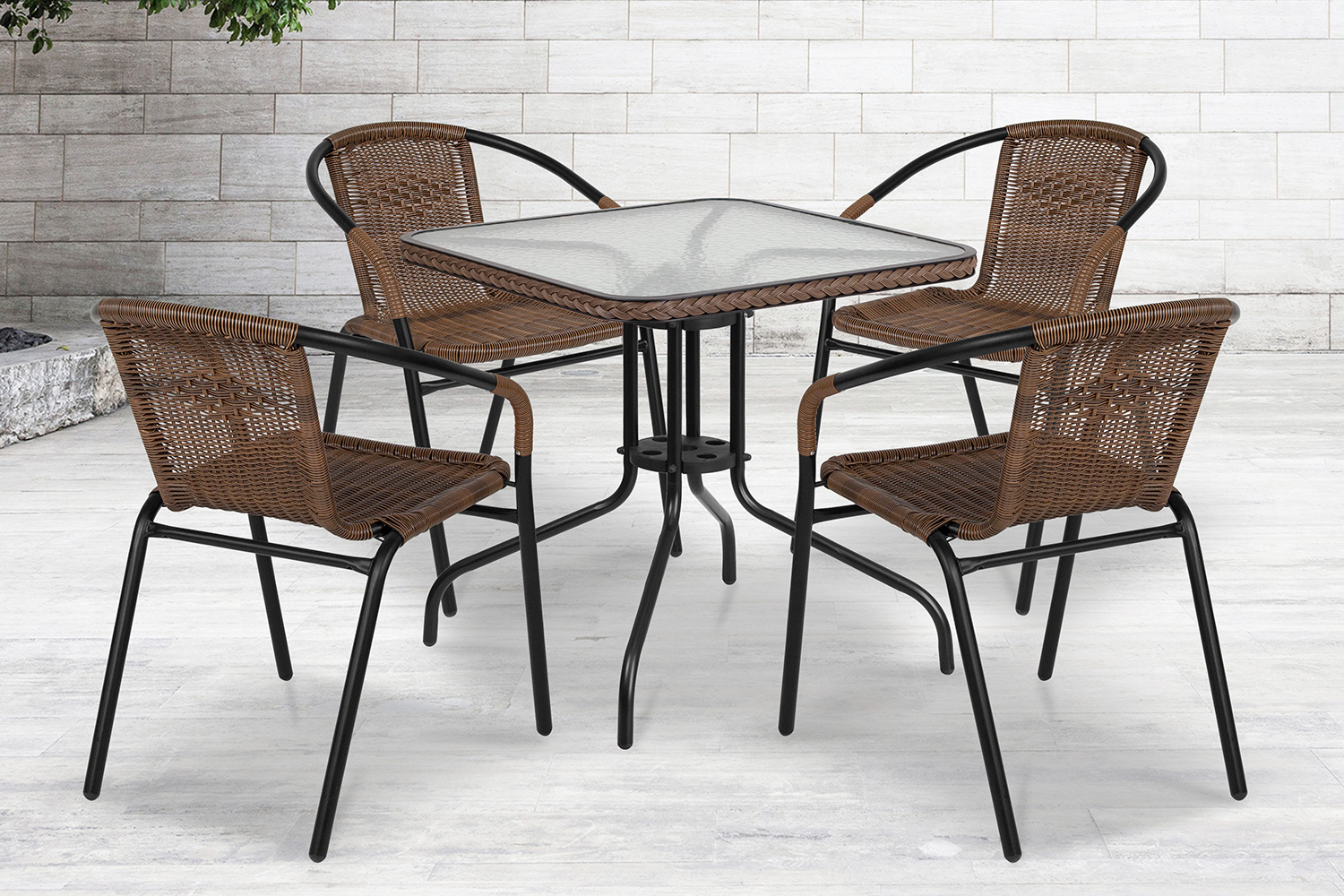 BLNK Lila Square Table with Rattan Edging and 4 Rattan Stack Chairs