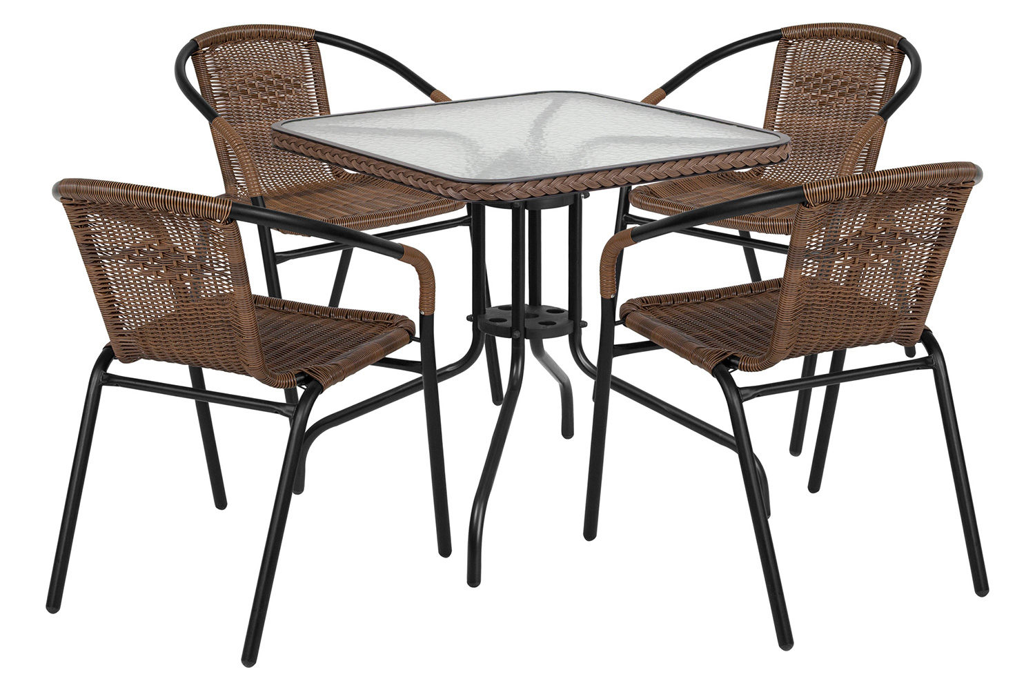 BLNK Lila Square Table with Rattan Edging and 4 Rattan Stack Chairs - Dark Brown