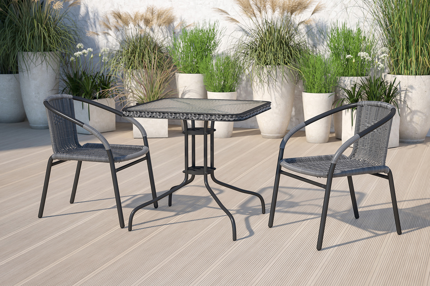 BLNK Lila Square Table with Rattan Edging and 2 Rattan Stack Chairs