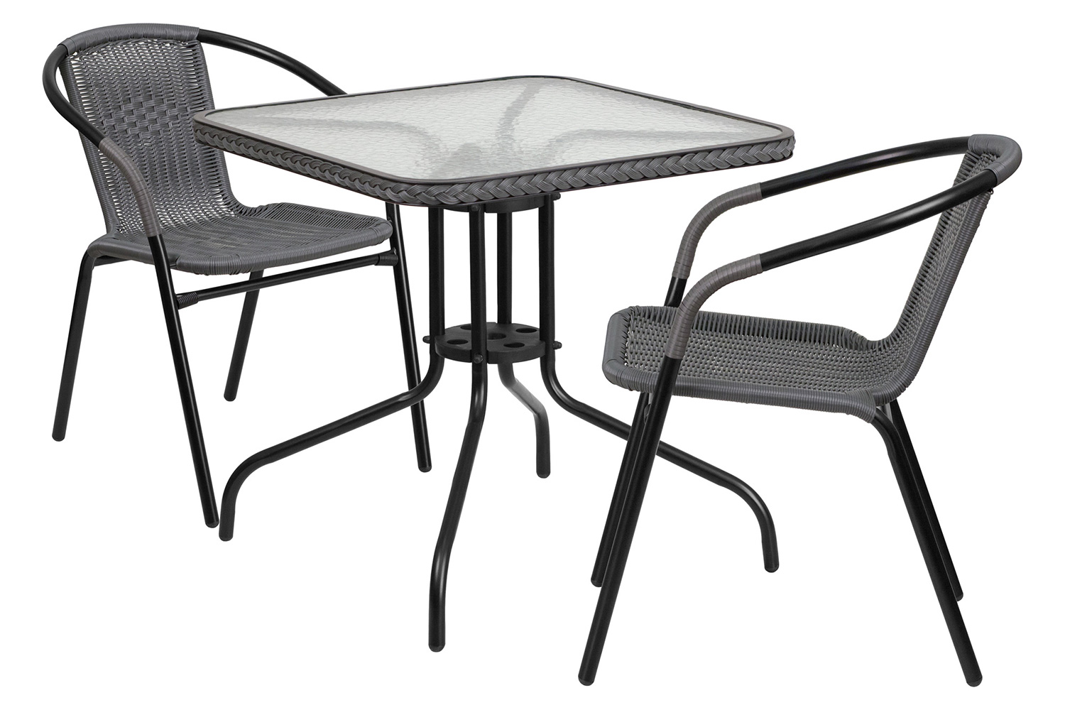 BLNK Lila Square Table with Rattan Edging and 2 Rattan Stack Chairs - Gray