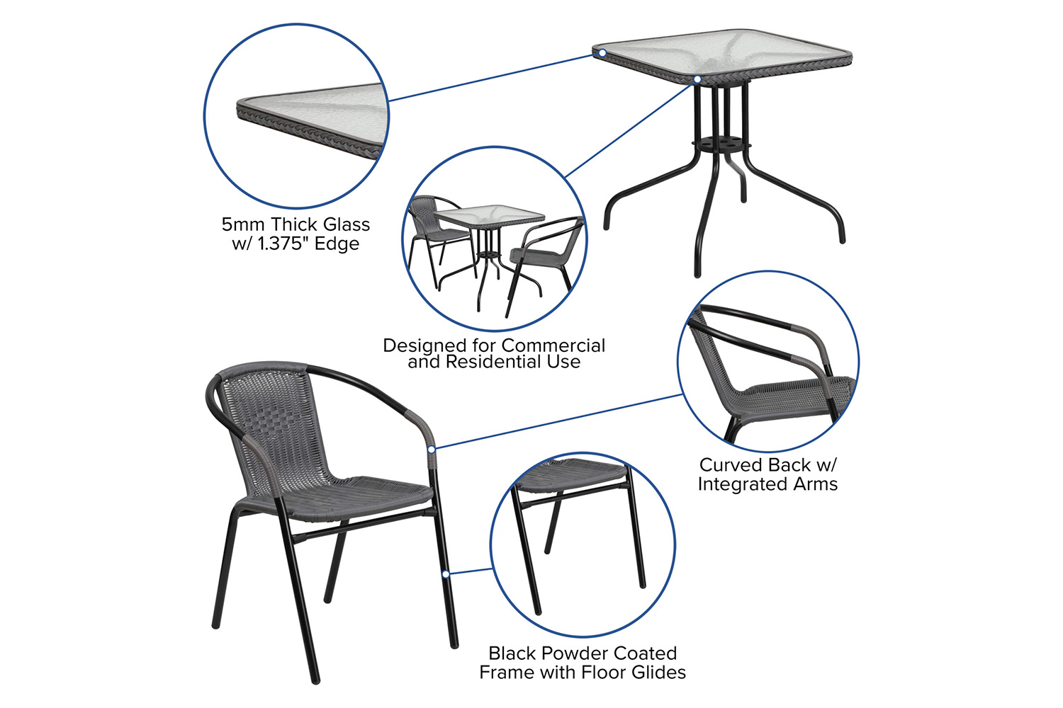 BLNK Lila Square Table with Rattan Edging and 2 Rattan Stack Chairs - Gray