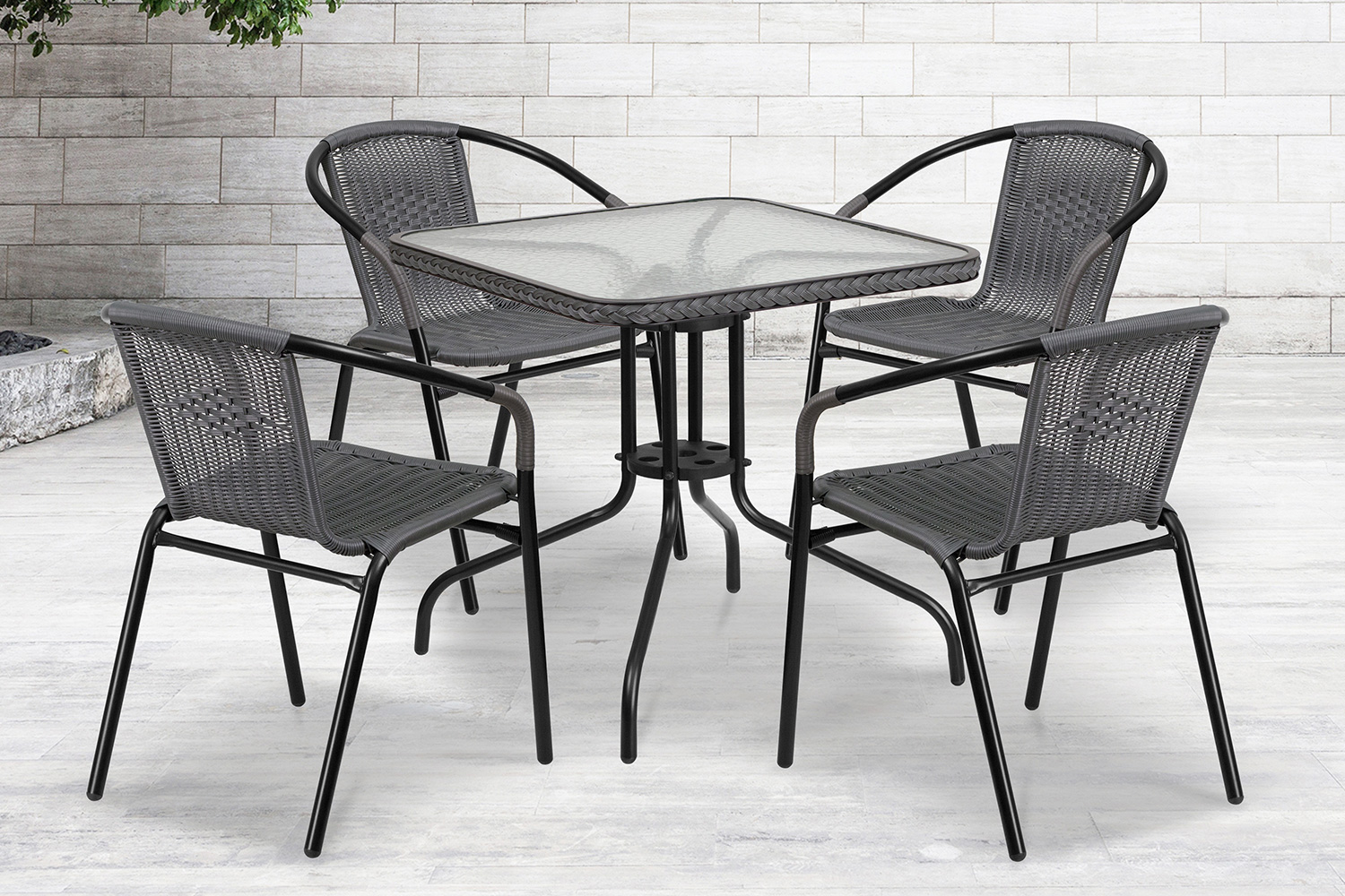 BLNK Lila Square Table with Rattan Edging and 4 Rattan Stack Chairs