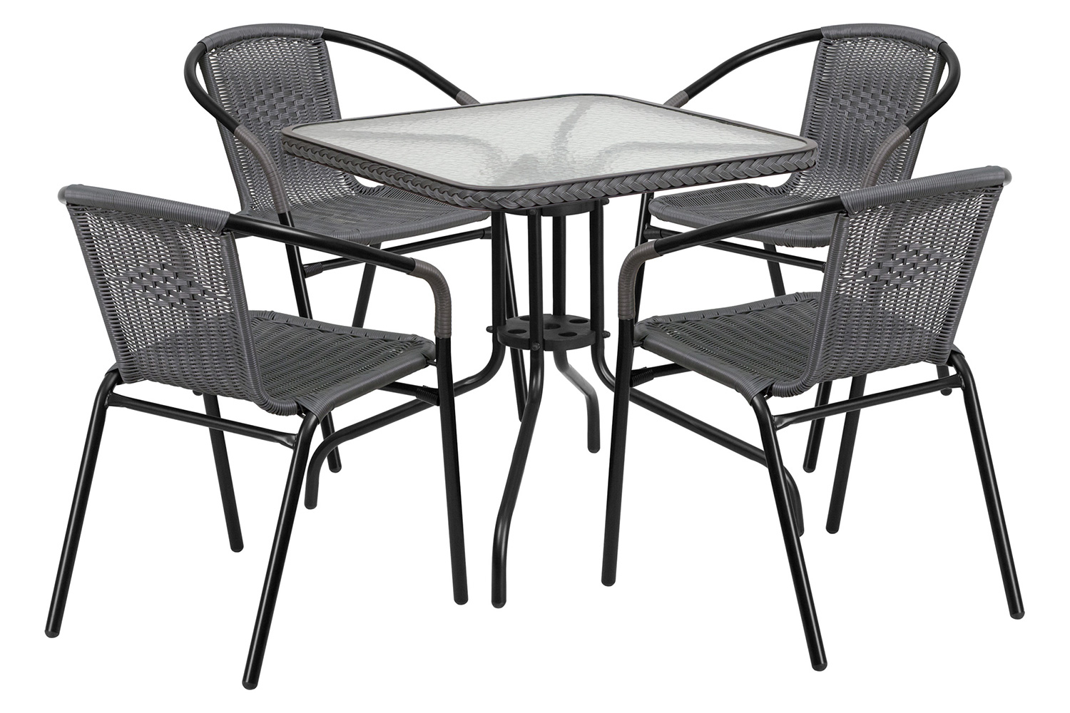 BLNK Lila Square Table with Rattan Edging and 4 Rattan Stack Chairs - Gray