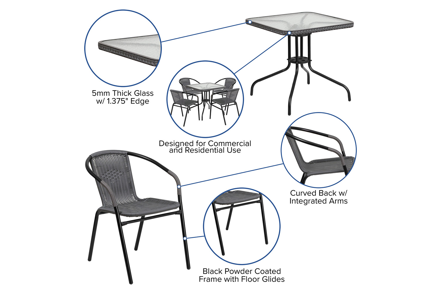 BLNK Lila Square Table with Rattan Edging and 4 Rattan Stack Chairs - Gray