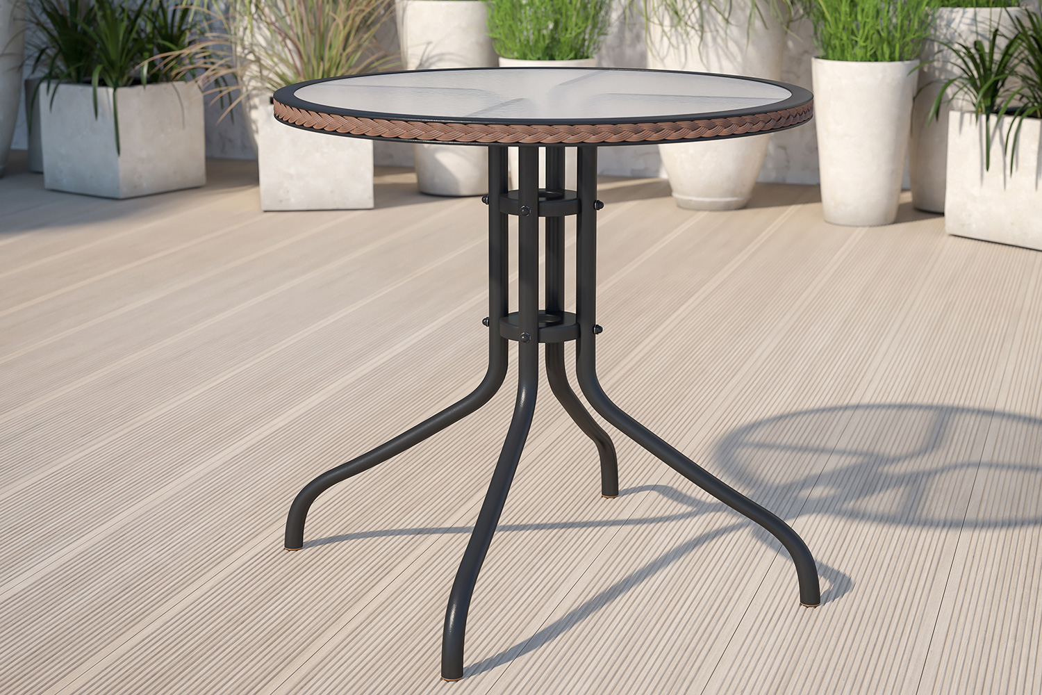 BLNK Round Metal Tempered Glass Table with Rattan Edging