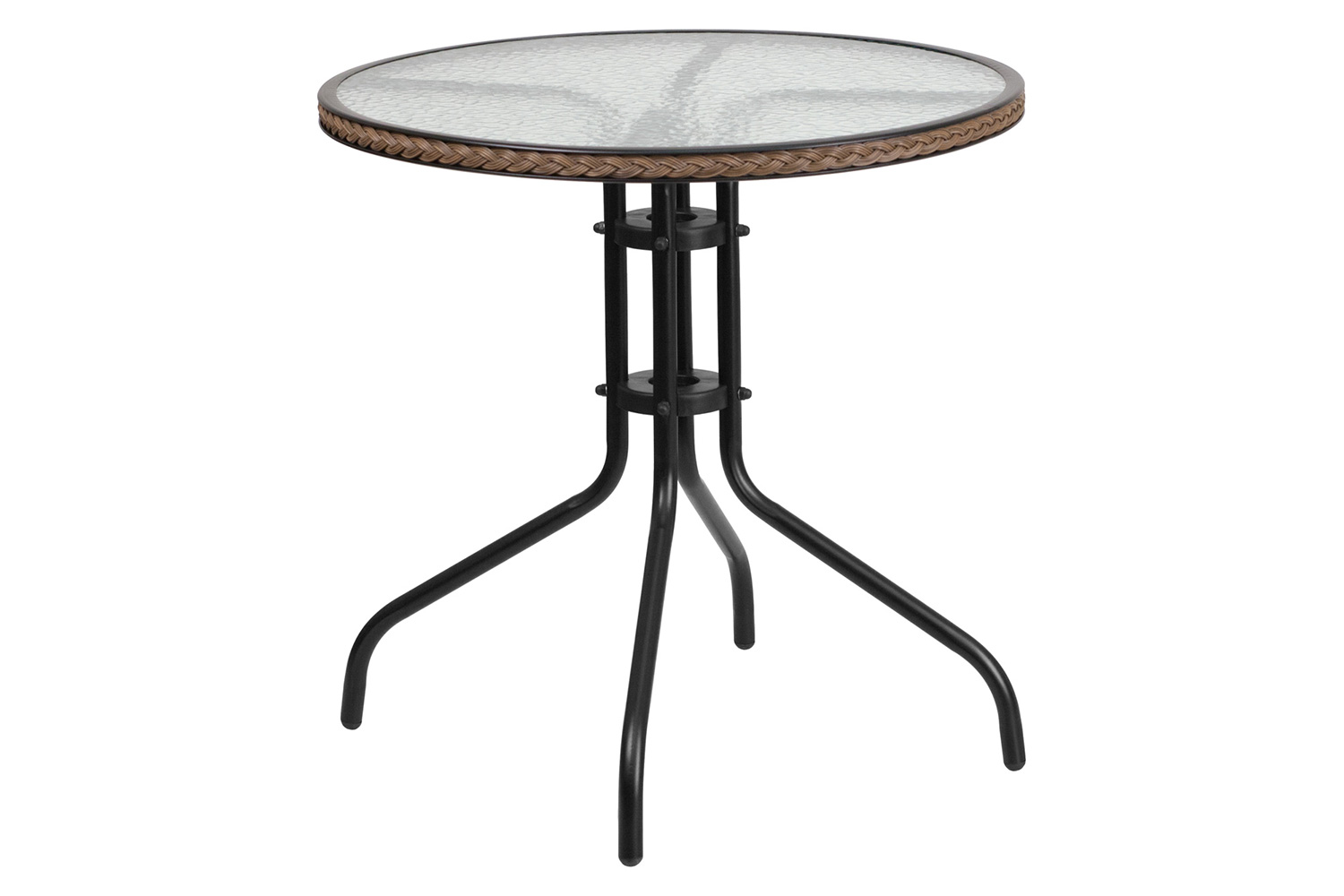 BLNK™ Round Metal Tempered Glass Table with Rattan Edging - Dark Brown