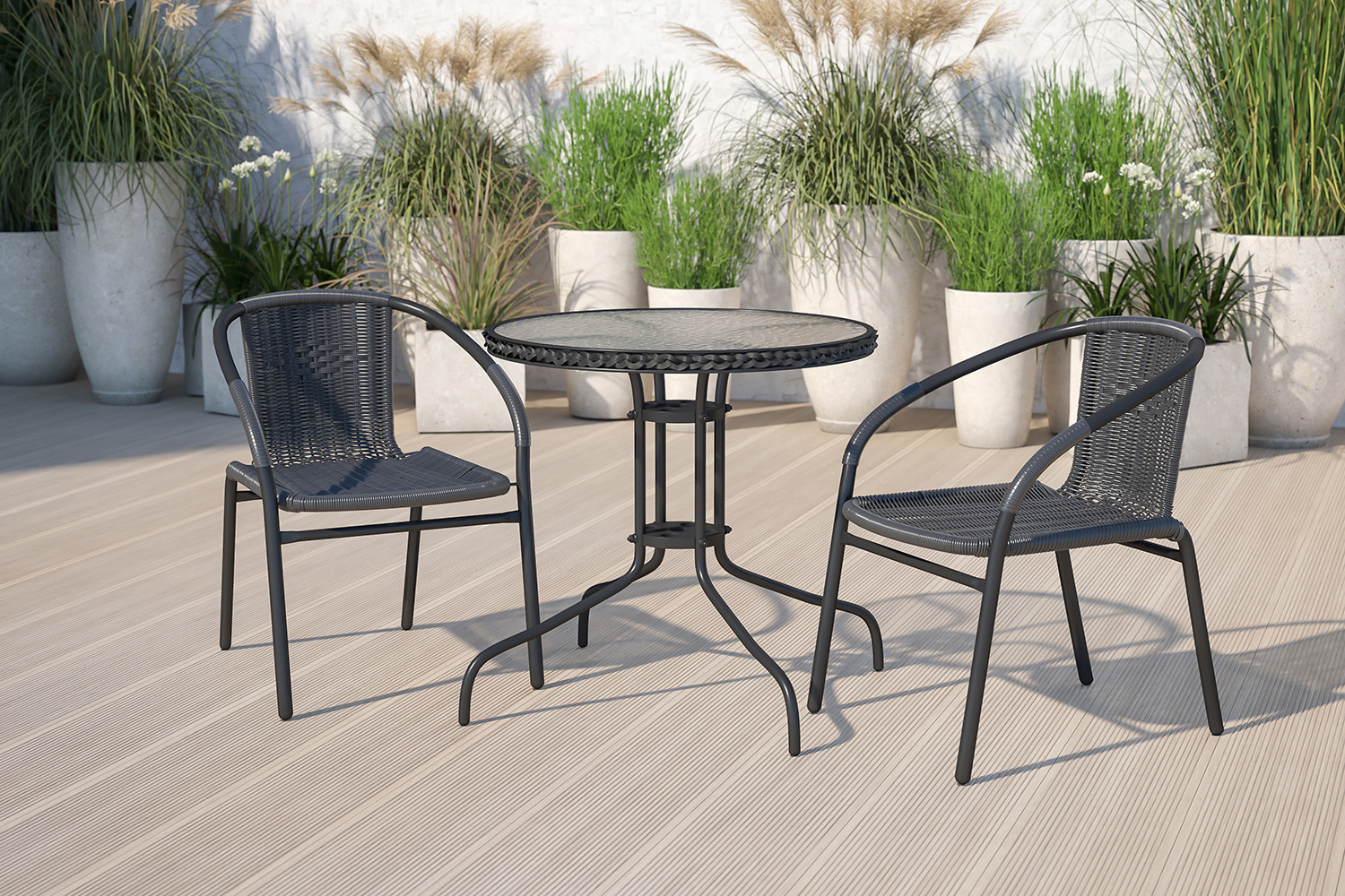 BLNK Lila Round Table with Rattan Edging and 2 Rattan Stack Chairs