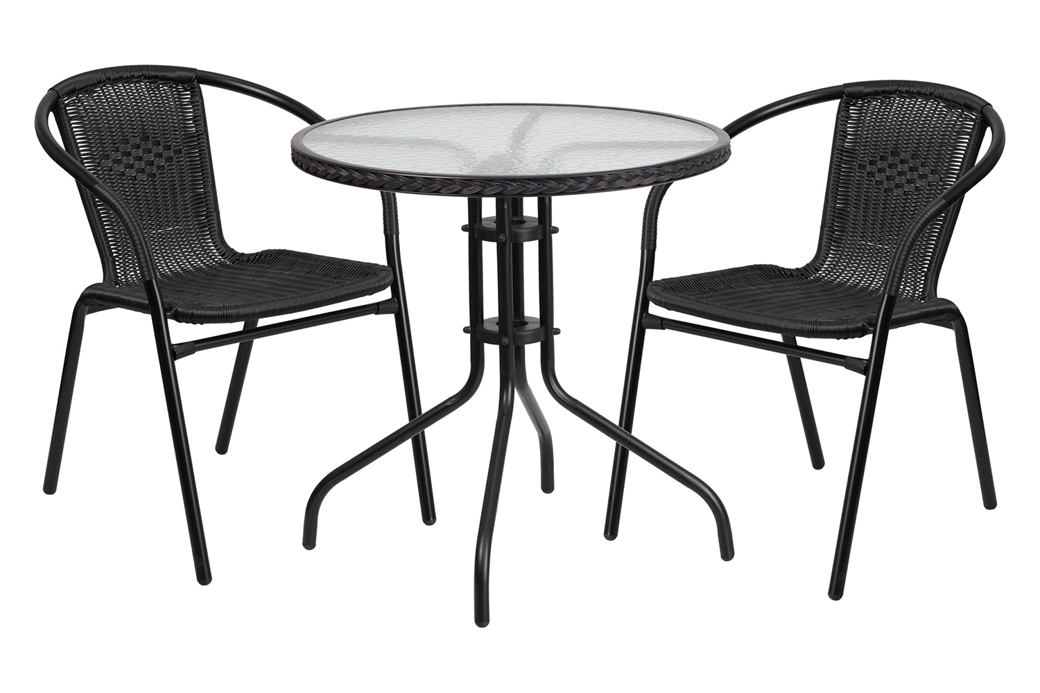 BLNK Lila Round Table with Rattan Edging and 2 Rattan Stack Chairs - Black