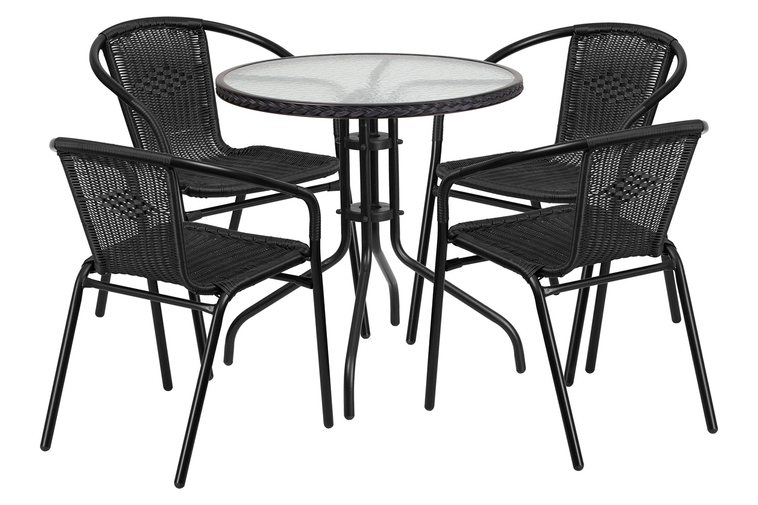 BLNK Lila Round Table with Rattan Edging and 4 Rattan Stack Chairs - Black