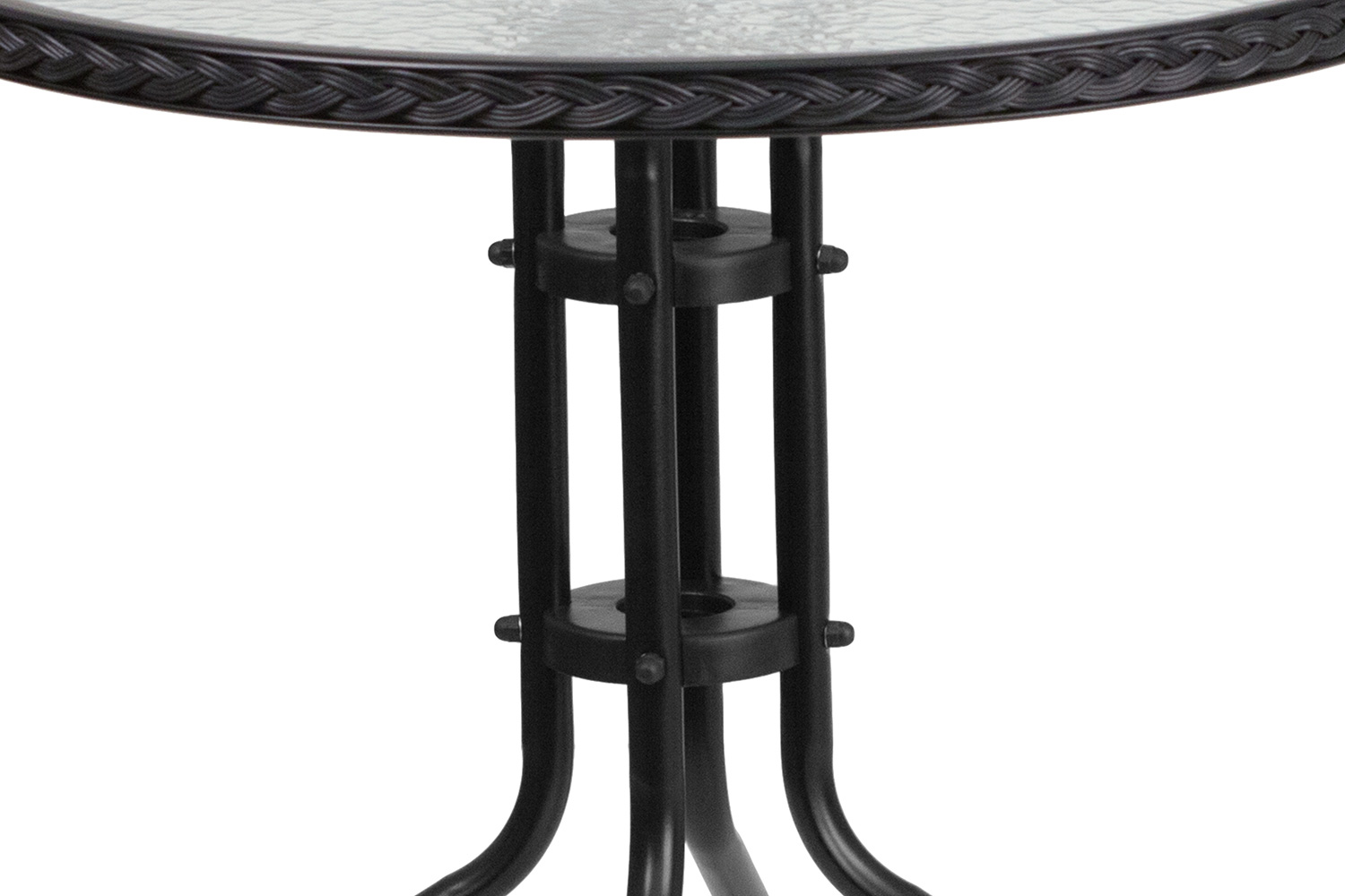 BLNK Lila Round Table with Rattan Edging and 4 Rattan Stack Chairs - Black