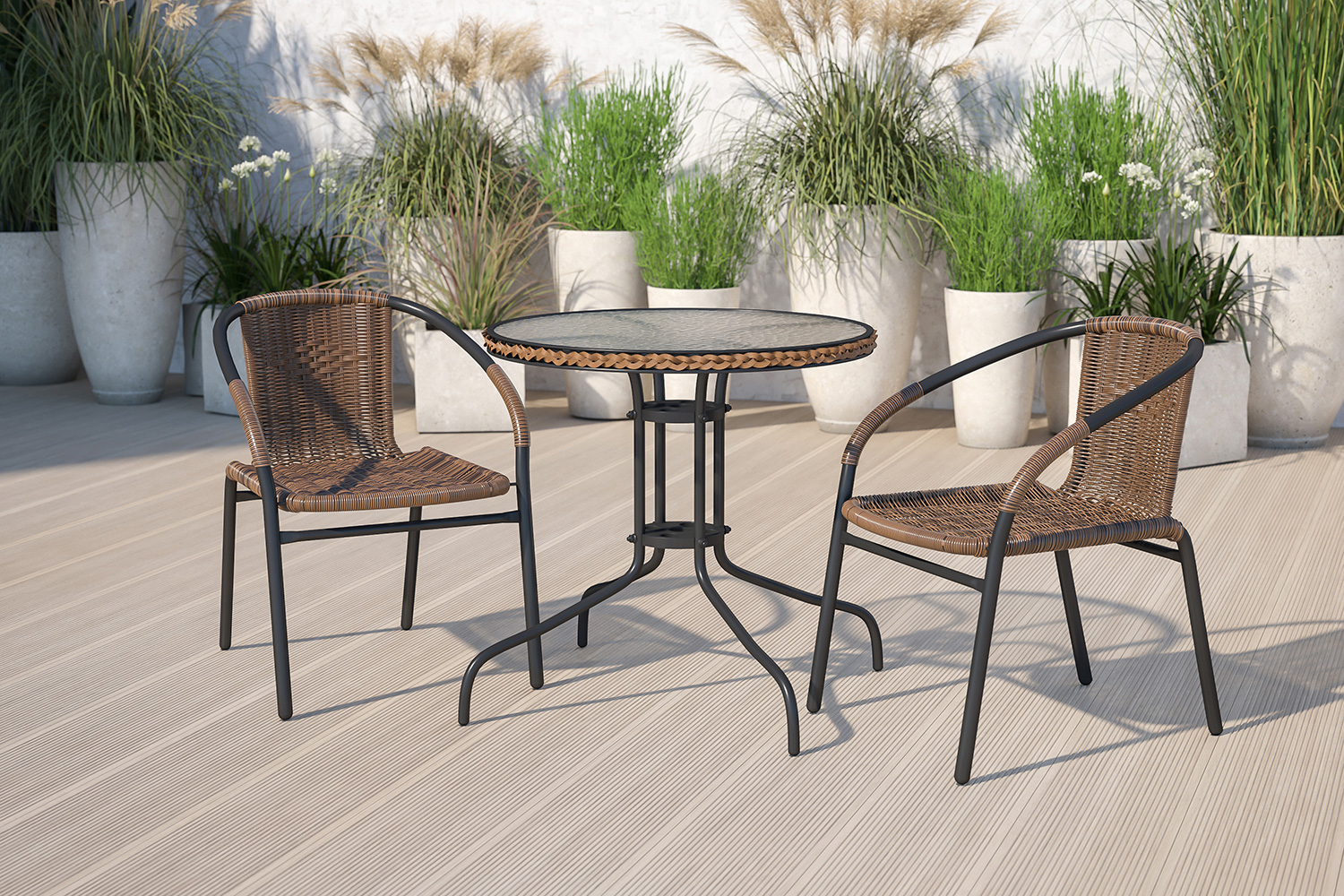 BLNK Lila Round Table with Rattan Edging and 2 Rattan Stack Chairs