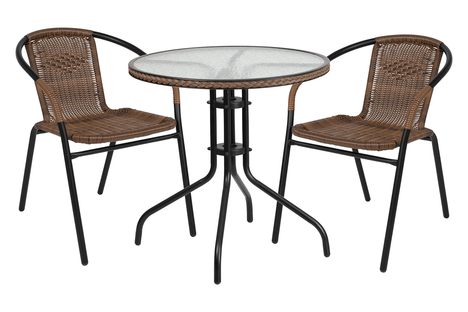 BLNK Lila Round Table with Rattan Edging and 2 Rattan Stack Chairs - Dark Brown