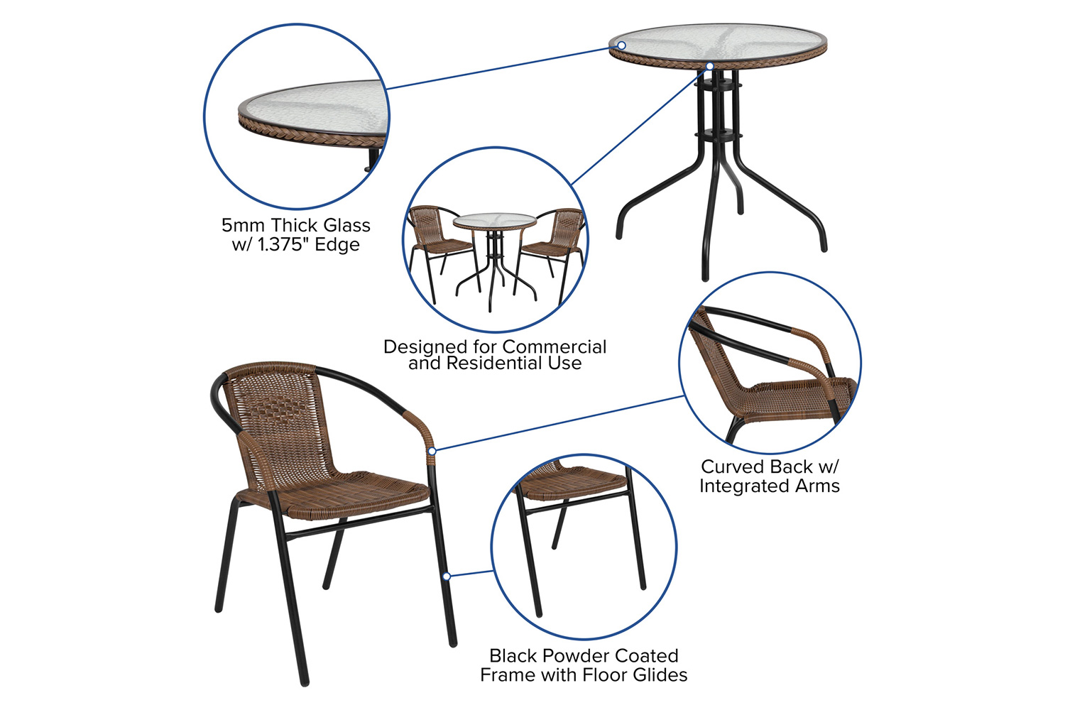 BLNK Lila Round Table with Rattan Edging and 2 Rattan Stack Chairs - Dark Brown