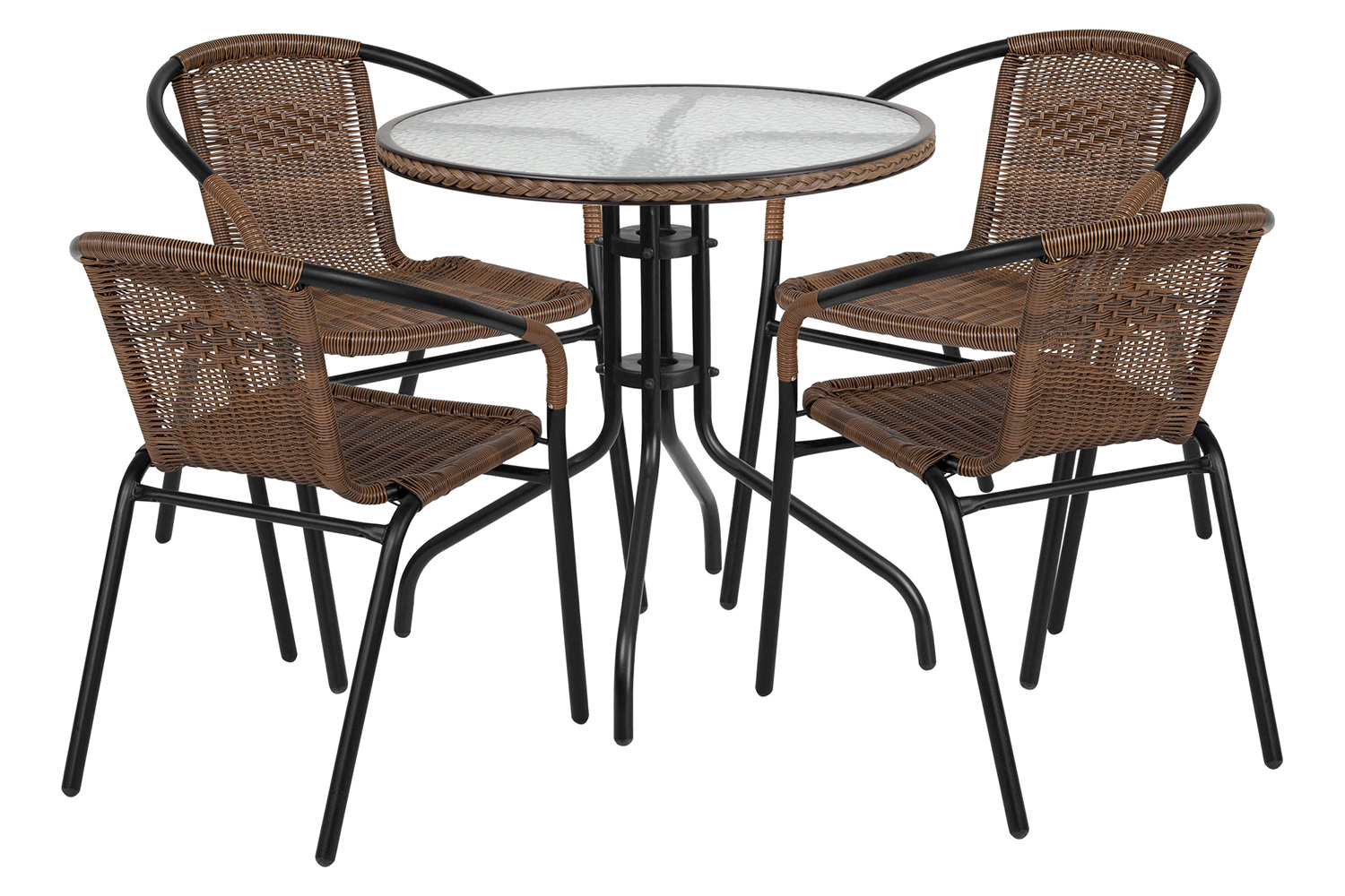 BLNK Lila Round Table with Rattan Edging and 4 Rattan Stack Chairs