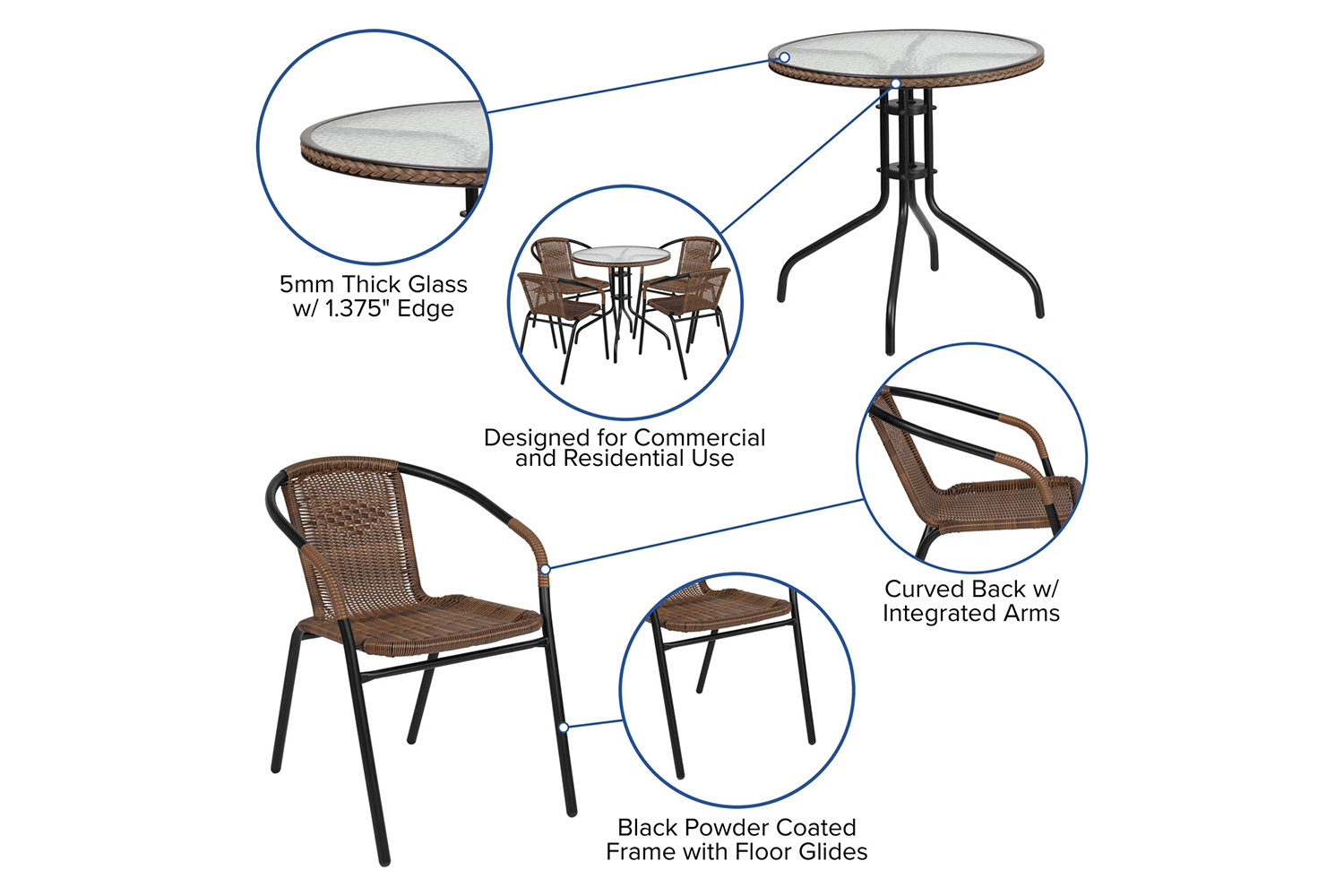 BLNK Lila Round Table with Rattan Edging and 4 Rattan Stack Chairs - Dark Brown