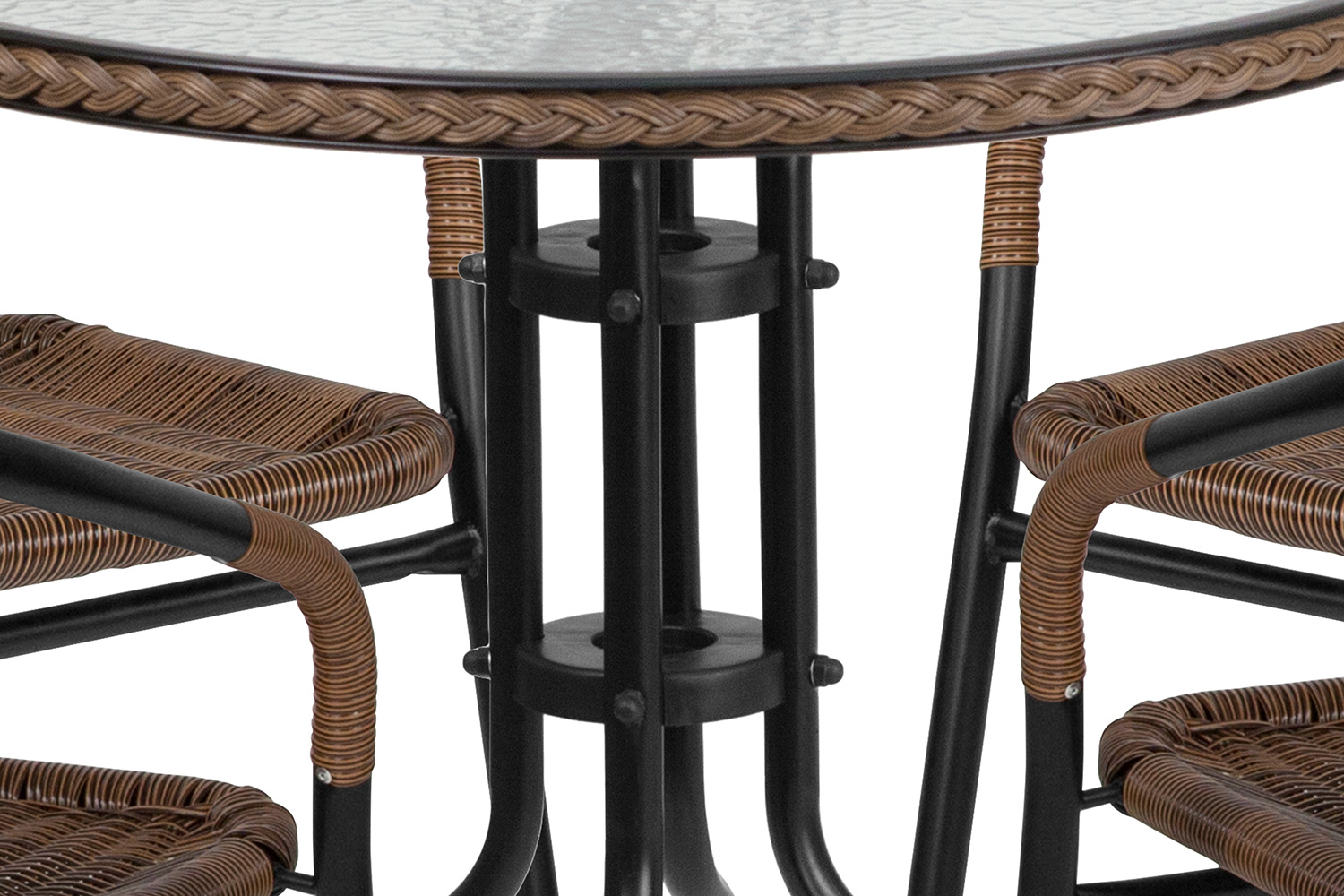 BLNK Lila Round Table with Rattan Edging and 4 Rattan Stack Chairs - Dark Brown