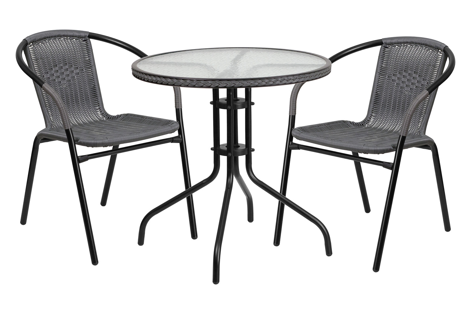 BLNK Lila Round Table with Rattan Edging and 2 Rattan Stack Chairs