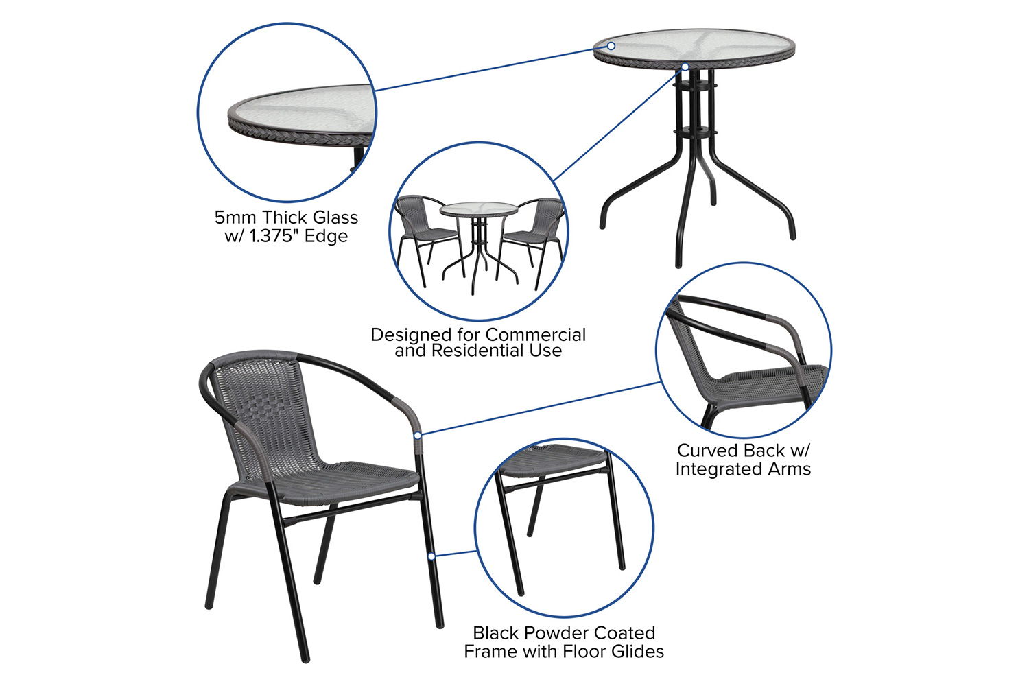 BLNK Lila Round Table with Rattan Edging and 2 Rattan Stack Chairs - Gray