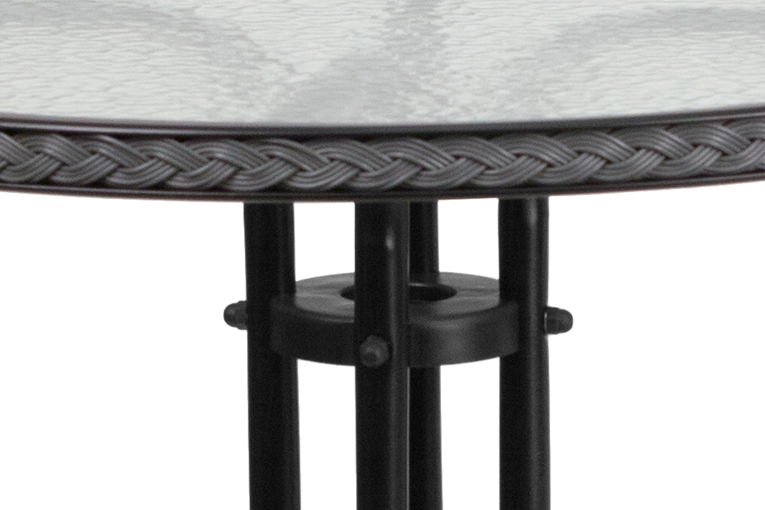 BLNK Lila Round Table with Rattan Edging and 2 Rattan Stack Chairs - Gray