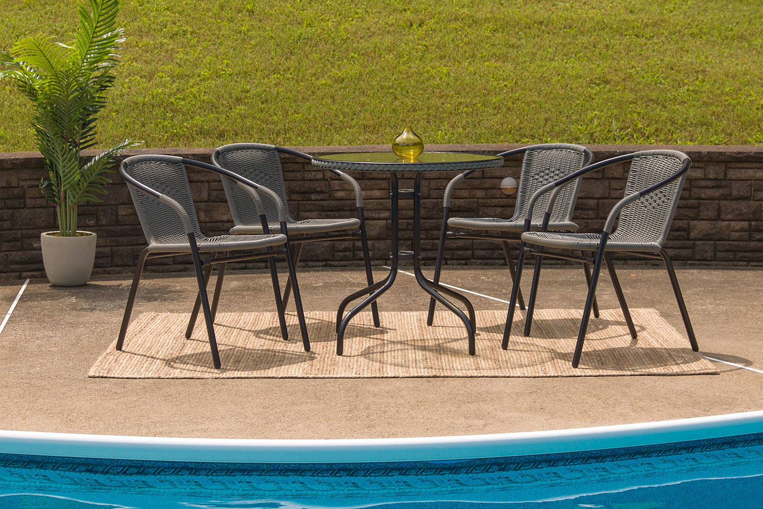 BLNK Lila Round Table with Rattan Edging and 4 Rattan Stack Chairs