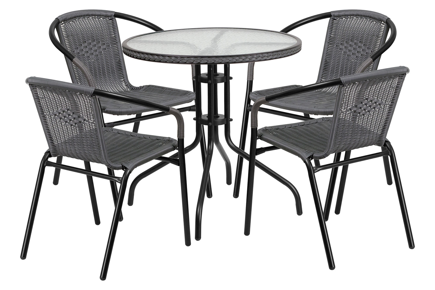 BLNK Lila Round Table with Rattan Edging and 4 Rattan Stack Chairs - Gray