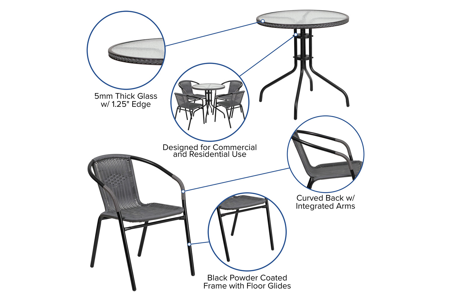 BLNK Lila Round Table with Rattan Edging and 4 Rattan Stack Chairs - Gray