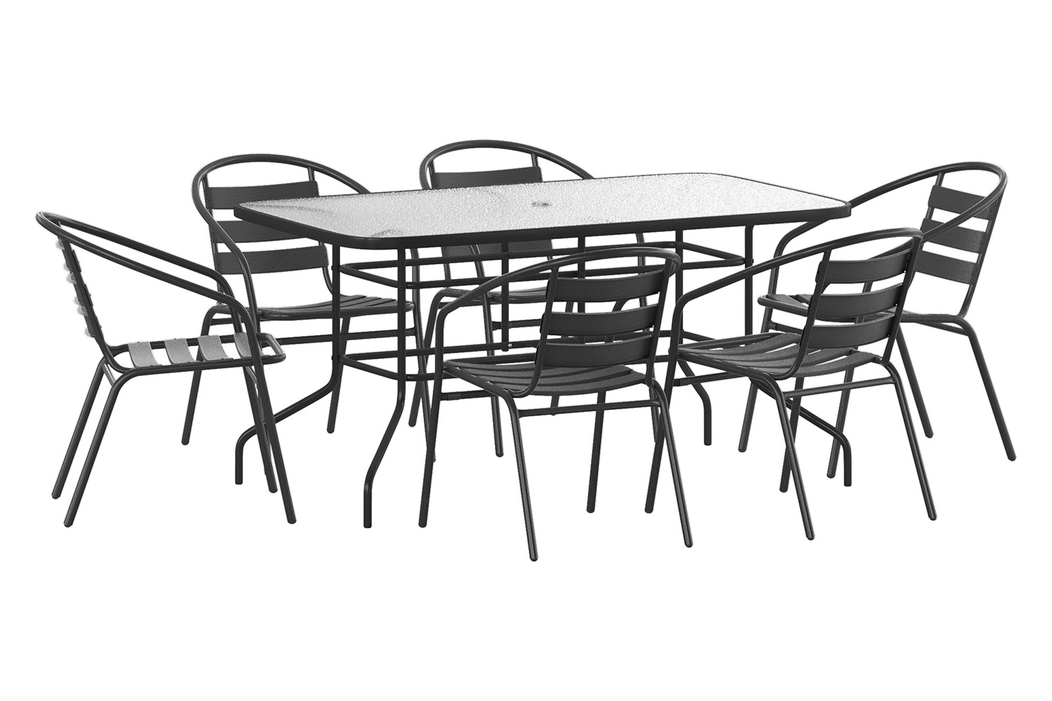 BLNK - Lila Patio Dining Set with Tempered Glass Patio Table with Umbrella Hole and 6 Metal Aluminum Slat Stack Chairs 7 Piece