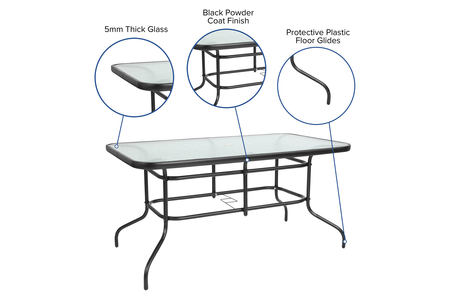 BLNK - Lila Patio Dining Set with Tempered Glass Patio Table with Umbrella Hole and 6 Metal Aluminum Slat Stack Chairs 7 Piece