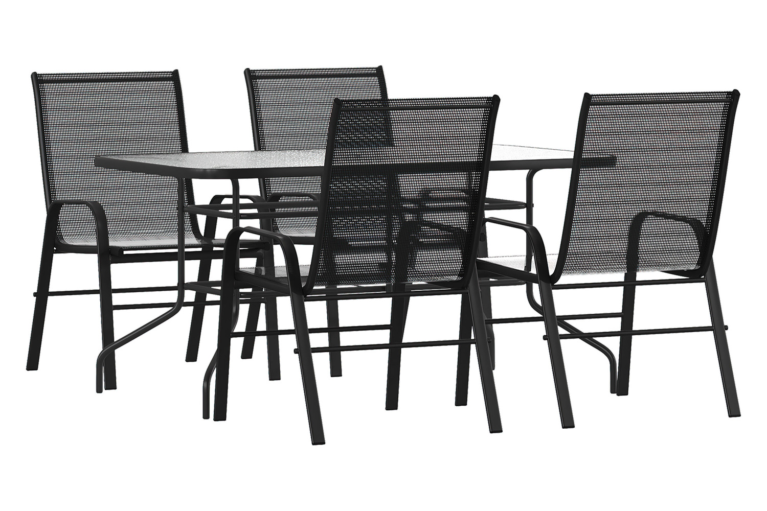 BLNK Brazos Outdoor Patio Dining Set with Tempered Glass Patio Table with Umbrella Hole and 4 Flex Comfort Stack Chairs 5 Piece