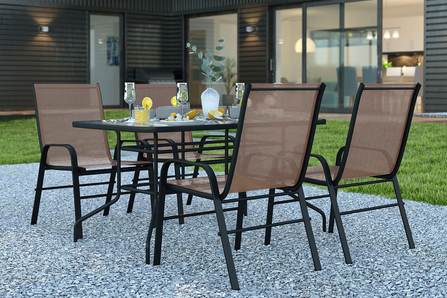 BLNK Brazos Outdoor Patio Dining Set with Tempered Glass Patio Table with Umbrella Hole and 4 Flex Comfort Stack Chairs 5 Piece