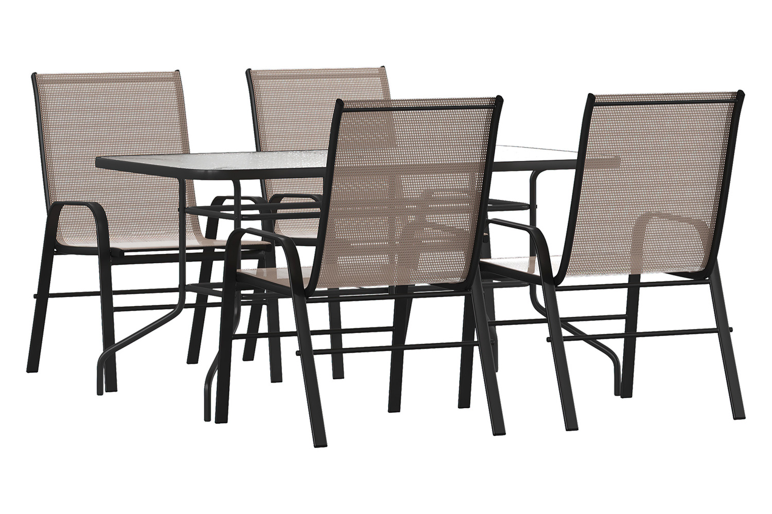 BLNK Brazos Outdoor Patio Dining Set with Tempered Glass Patio Table with Umbrella Hole and 4 Flex Comfort Stack Chairs 5 Piece - Brown