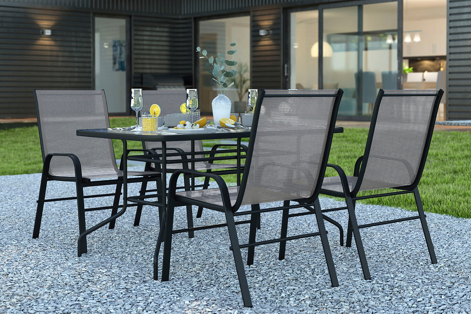 BLNK Brazos Outdoor Patio Dining Set with Tempered Glass Patio Table with Umbrella Hole and 4 Flex Comfort Stack Chairs 5 Piece