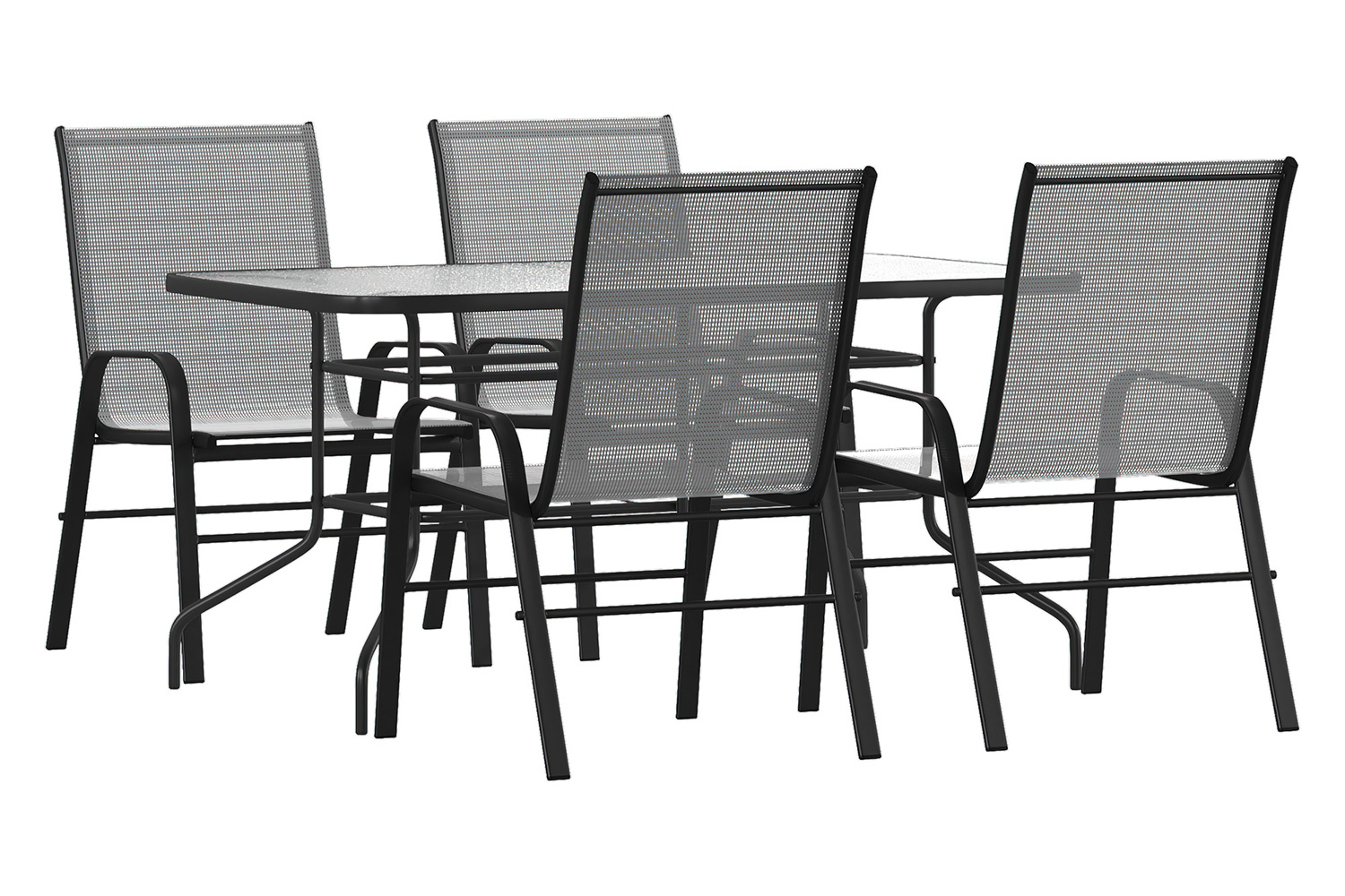 BLNK Brazos Outdoor Patio Dining Set with Tempered Glass Patio Table with Umbrella Hole and 4 Flex Comfort Stack Chairs 5 Piece - Gray