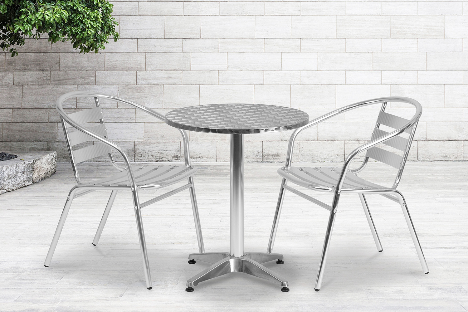 BLNK Lila Round Aluminum Indoor-Outdoor Table Set with 2 Slat Back Chairs