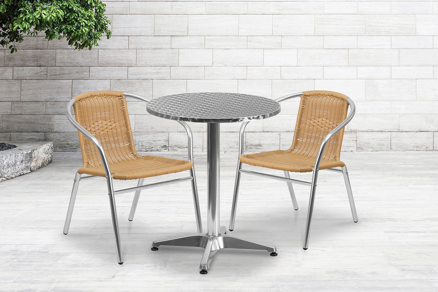 BLNK Lila Round Aluminum Indoor-Outdoor Table Set with 2 Rattan Chairs