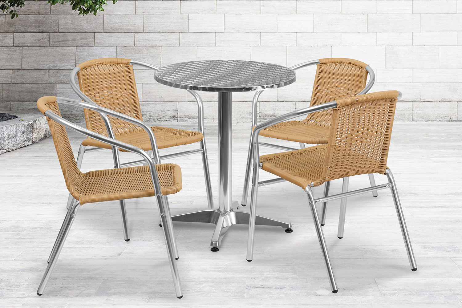 BLNK Lila Round Aluminum Indoor-Outdoor Table Set with 4 Rattan Chairs