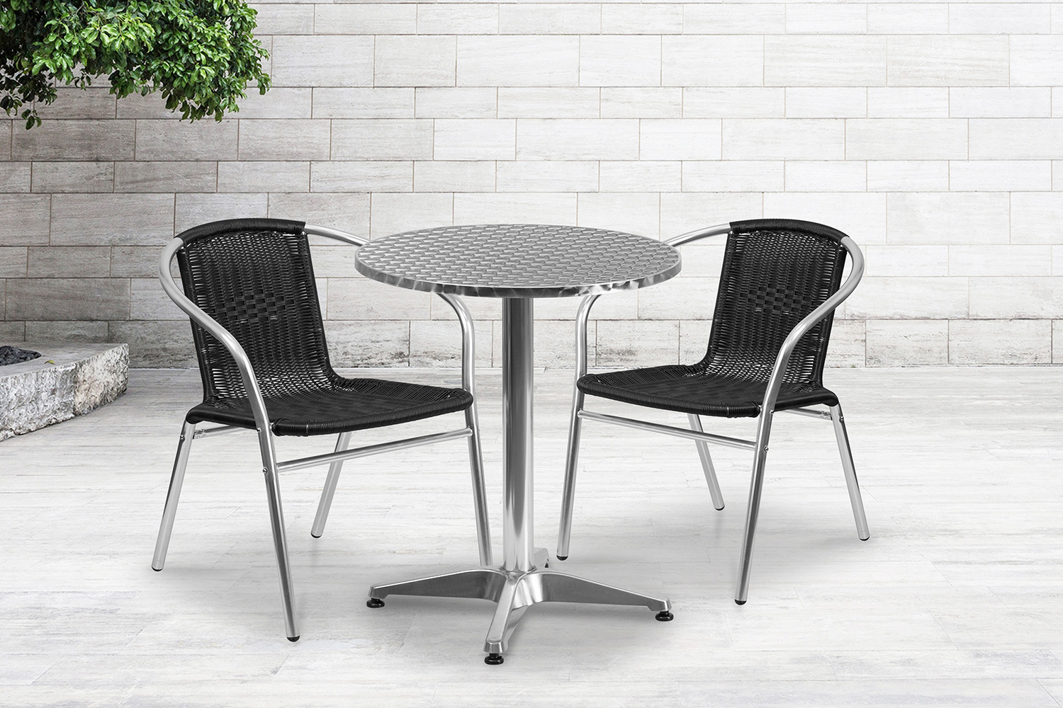 BLNK Lila Round Aluminum Indoor-Outdoor Table Set with 2 Rattan Chairs