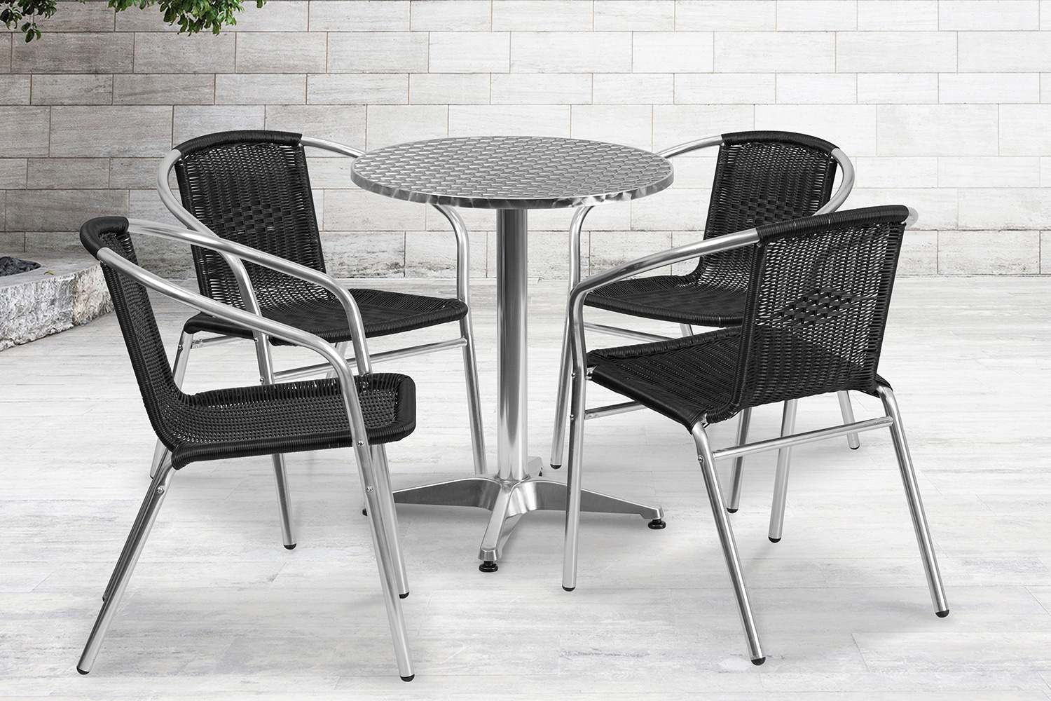 BLNK Lila Round Aluminum Indoor-Outdoor Table Set with 4 Rattan Chairs