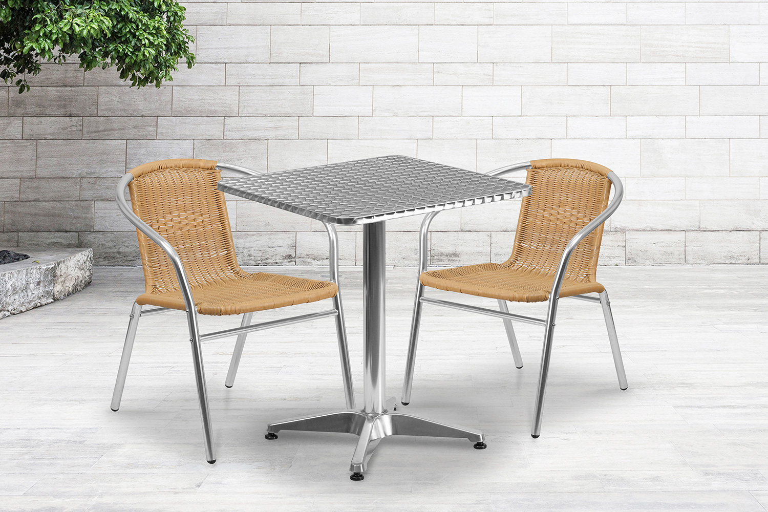 BLNK Lila Square Aluminum Indoor-Outdoor Table Set with 2 Rattan Chairs